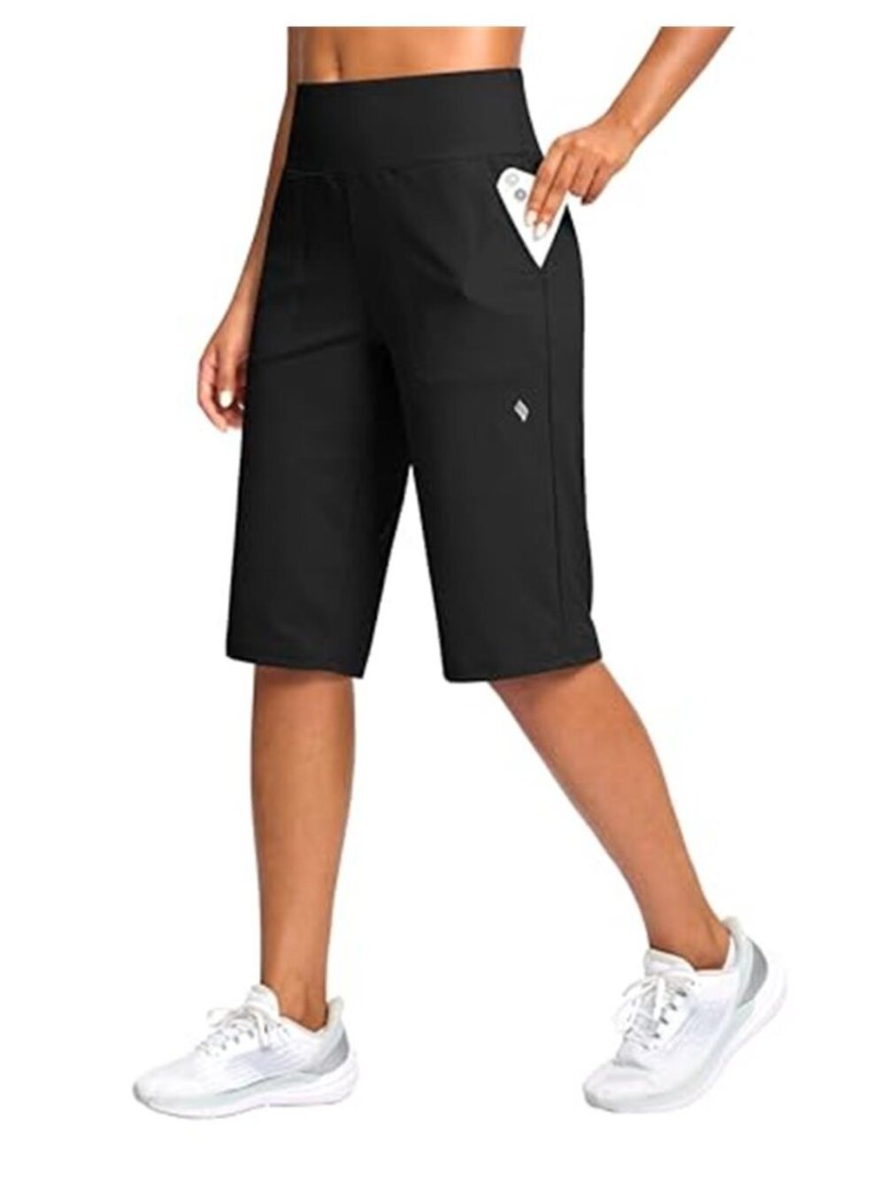 Black High Waist Bermuda Shorts Women Knee Length Stretch Pockets 14 Inch